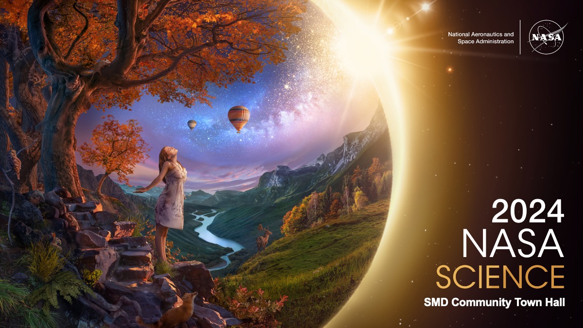 An artist’s concept of a landscape. The concept is composed of dusky purples, oranges, golds, and greens. In the left foreground, a young woman wearing a white dress basks in the rays of a solar eclipse. She stands under a bright orange fall tree rooted to the side of a rocky mountain trail. The scene overlooks a valley with a river running through the middle towards distant hazy blue mountains. Nocturnal animals – including a fox, owl, possum, and bat – emerge to investigate the sudden onset of night. A deer stands on a grassy knoll at right in front of a line of fall colored trees. The Milky Way trails across the sky, leading up from the young woman to the eclipse and glittering stars at top right. Two hot air balloons float in the distance. This concept was created in celebration of the Heliophysics Big Year, which is bookended by the Annular Eclipse in October of 2023 and the Total Solar Eclipse in April of 2024. It also serves as the cover of the 2024 NASA Science Planning Guide.