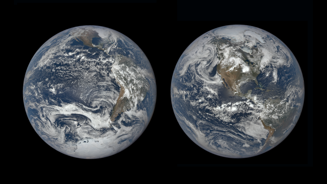 These views, captured from the Sun-facing side of Earth, show the change in Earth’s tilt between the December (left) and June (right) solstices. These images were taken by NASA’s Earth Polychromatic Imaging Camera on the National Oceanic and Atmospheric Administration’s DSCOVR satellite in December 2018 and June 2019.