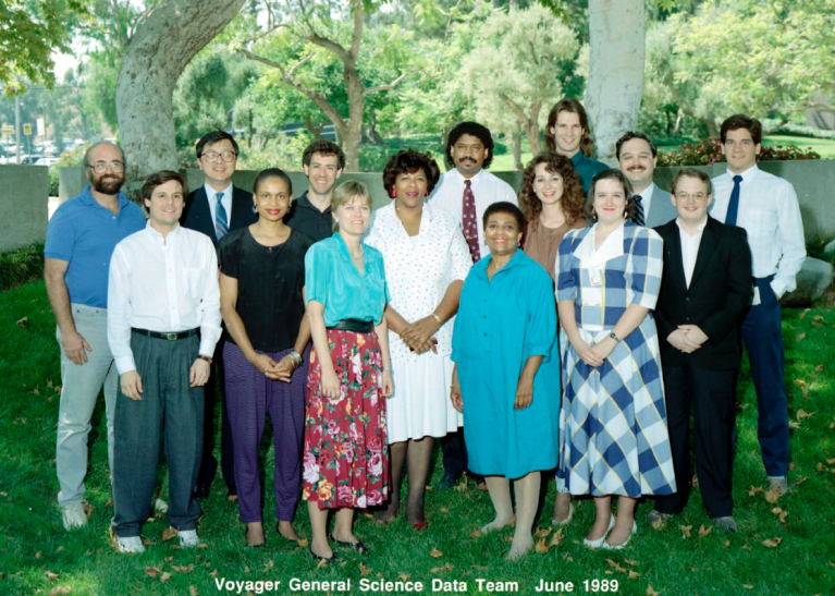 Voyager General Science Data Team, comprising 15 people, posed under a tree