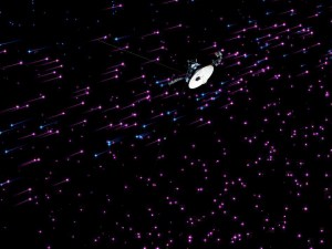 Illustration of the Voyager spacecraft moving among sparkling particles.