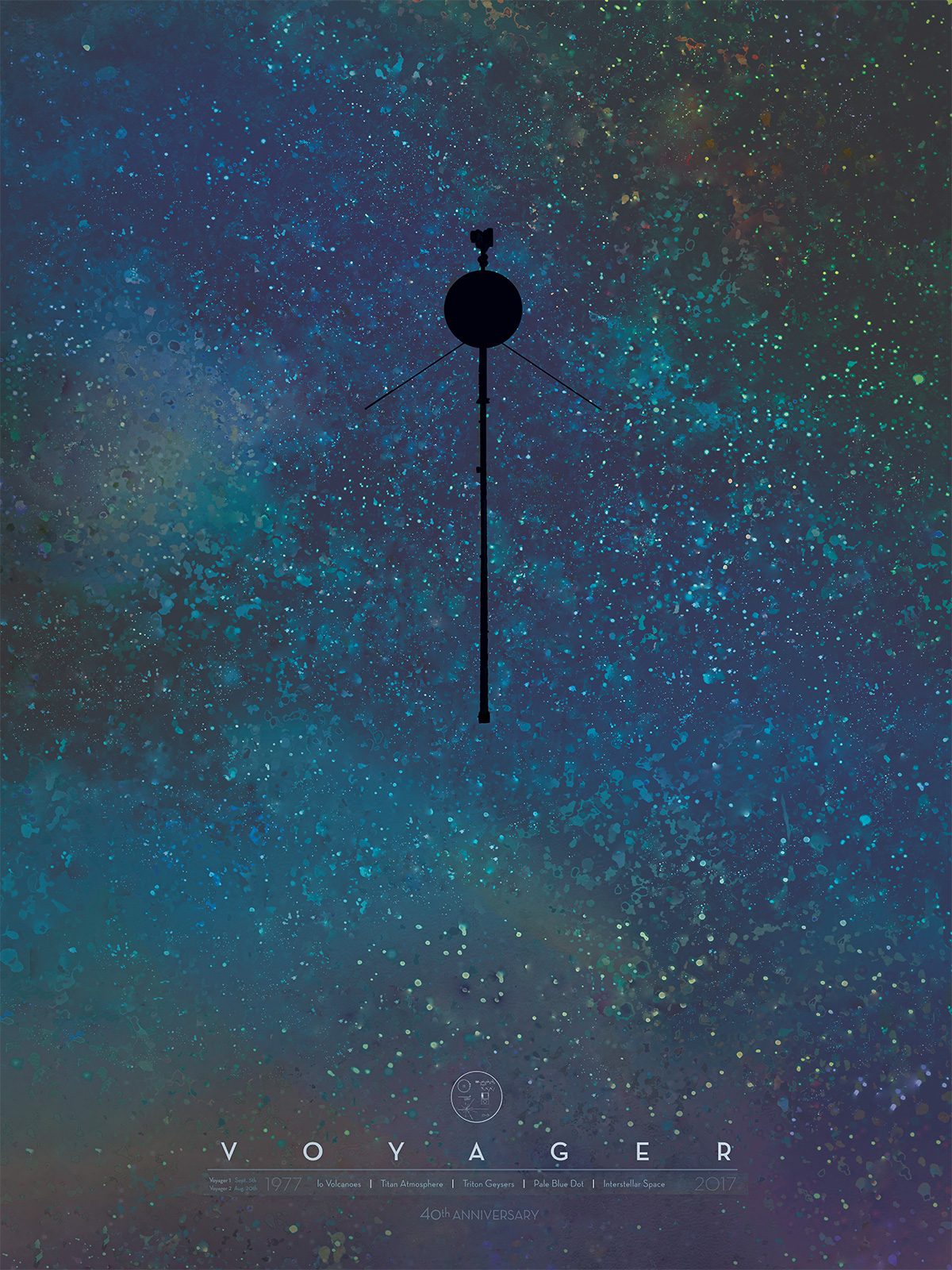 A Voyager spacecraft is shown in silhouette against a background of infinite stars.