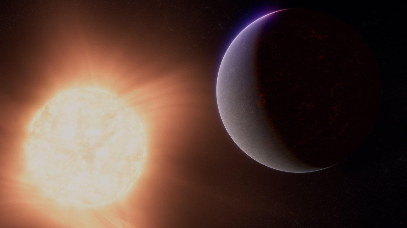 Illustration shows an exoplanet, 55 Cancri e, gray blue, in the upper right. It is a crescent, lit from the lower left by a star, looking nearly as large as the planet in the frame. Both are against the dark background of space.