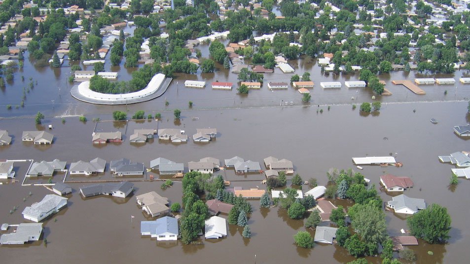 An aerial photo of a flooded neighborhood in North Dakota