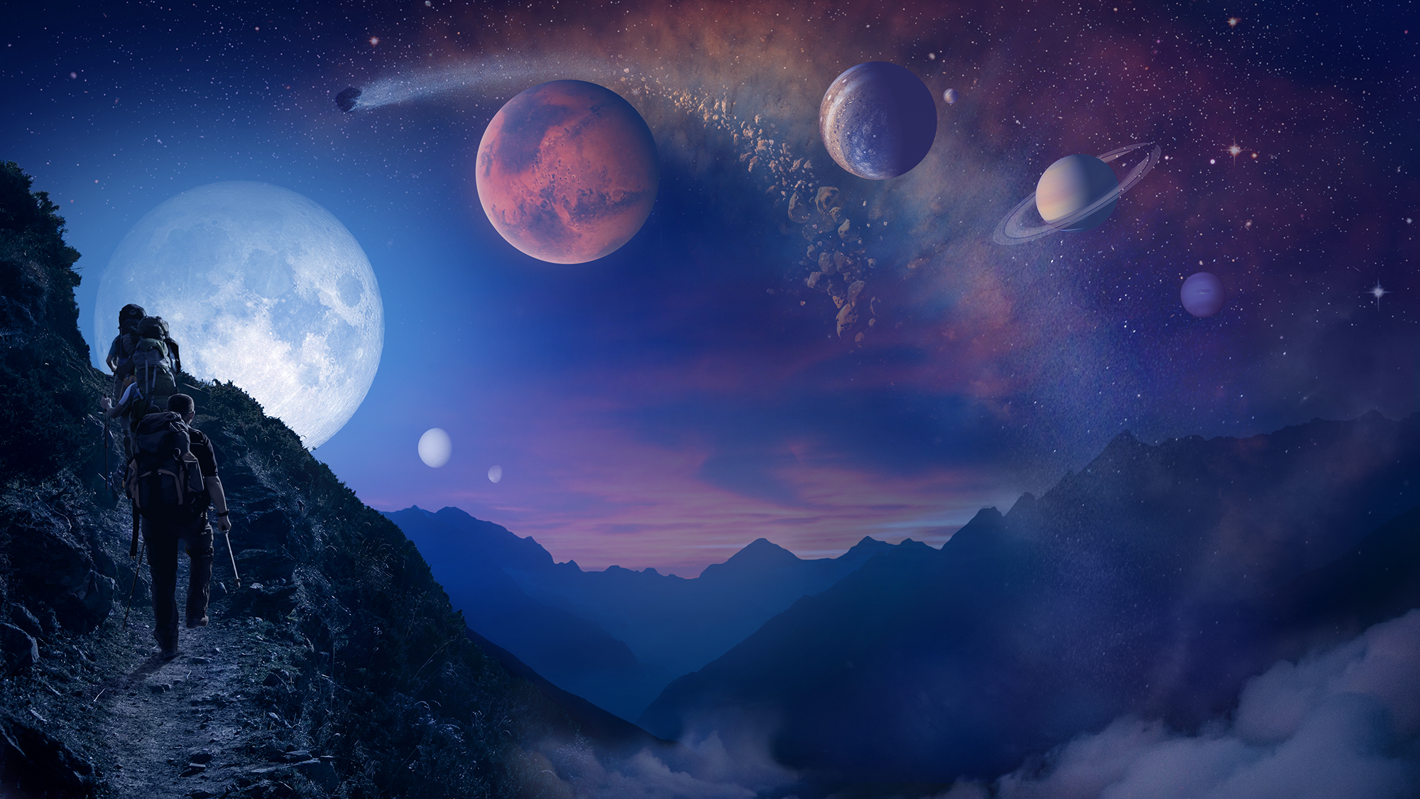 徒步旅行者登上左侧岩石峭壁的插图，太阳系的行星在天空中呈大弧形分布