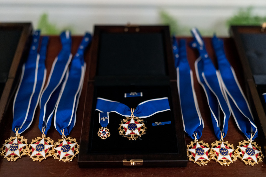 Medals of Freedom are displayed Thursday, July 7, 2022, before a ceremony at the White House. (Official White House Photo by Cameron Smith)