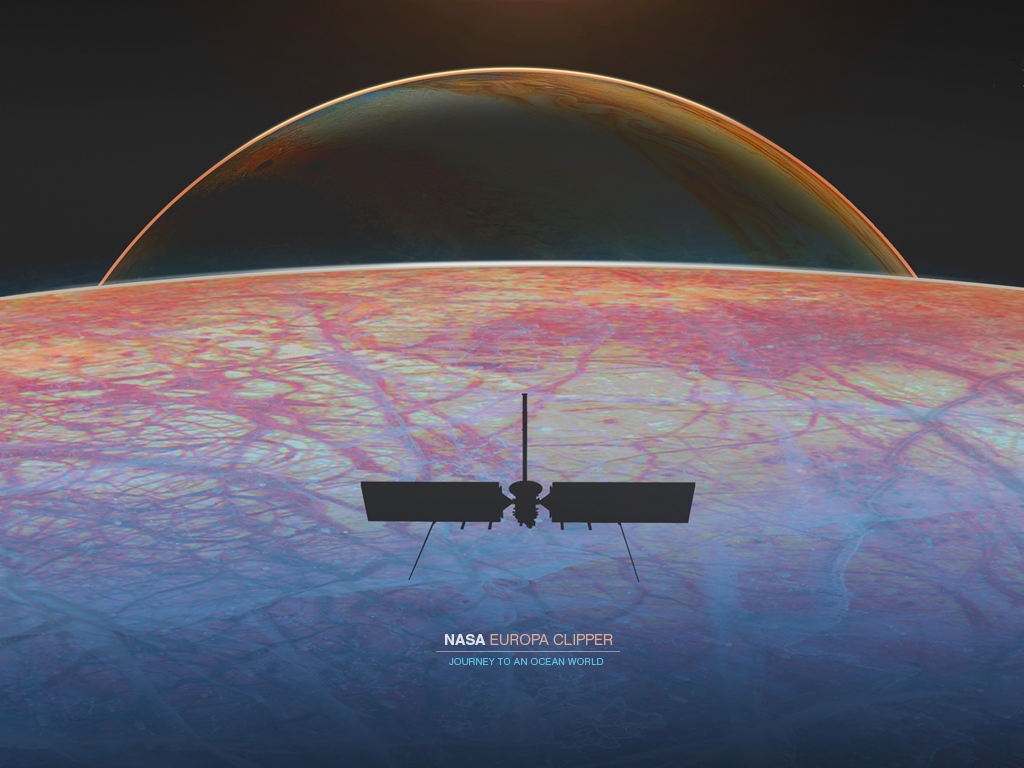 An illustration of Europa Clipper over Europa with Jupiter in the background.