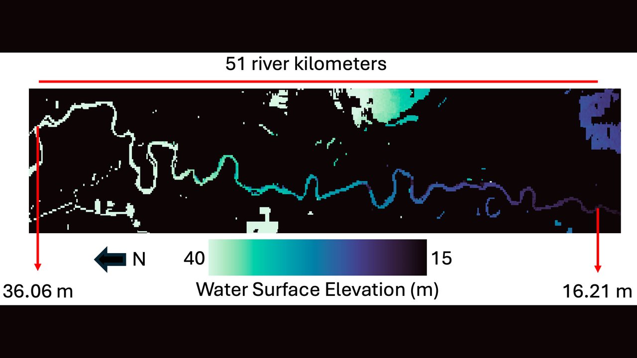 A visual map from above of river slope data from California's Sacramento River.