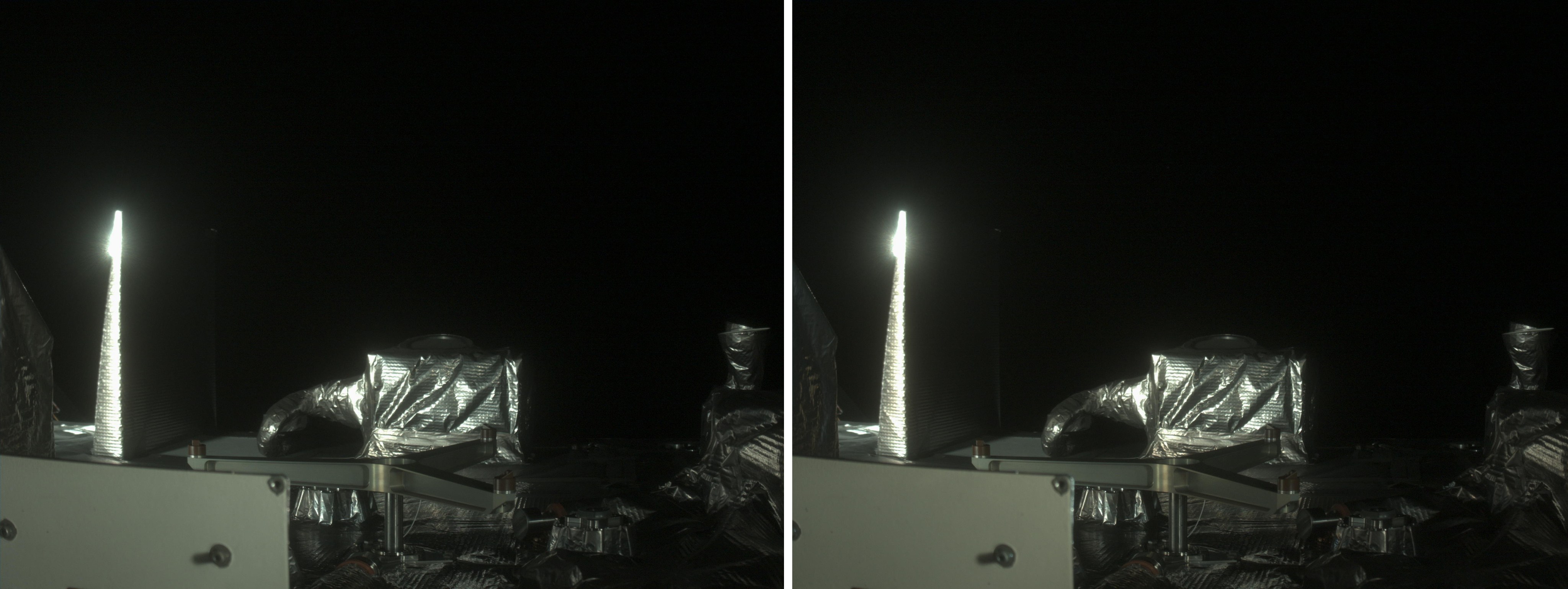 Two identical scenes are seen in a pair of side-by-side images. Against the pitch-black background of space, a boxy metallic satellite dominates the foreground. Glints of light are bouncing off the shiniest parts of the structure.