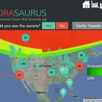 A computer screen still frame of the Aurorasaurus application showing a map of the US with green and red dots indicating the probability of a visible aurora.