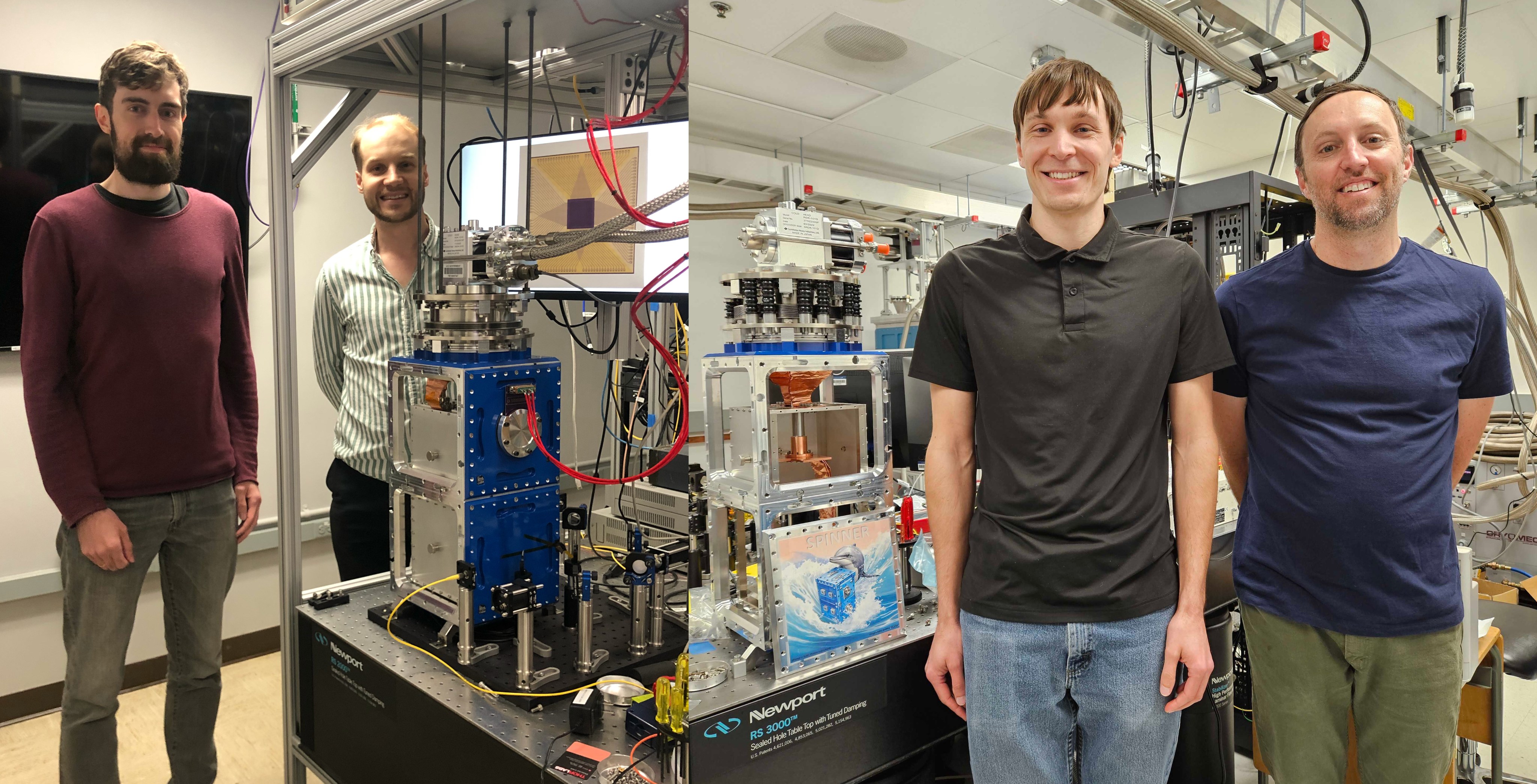 Two pictures showing JPL staff members standing next to their lab equipment. On the left, two of the JPL staff stand in a laboratory behind a cubic blue cryocooler. On the right, two more JPL staff stand in front of an optical table which holds a similar cubic cryocooler with its sides removed, exposing the copper and steel interior.