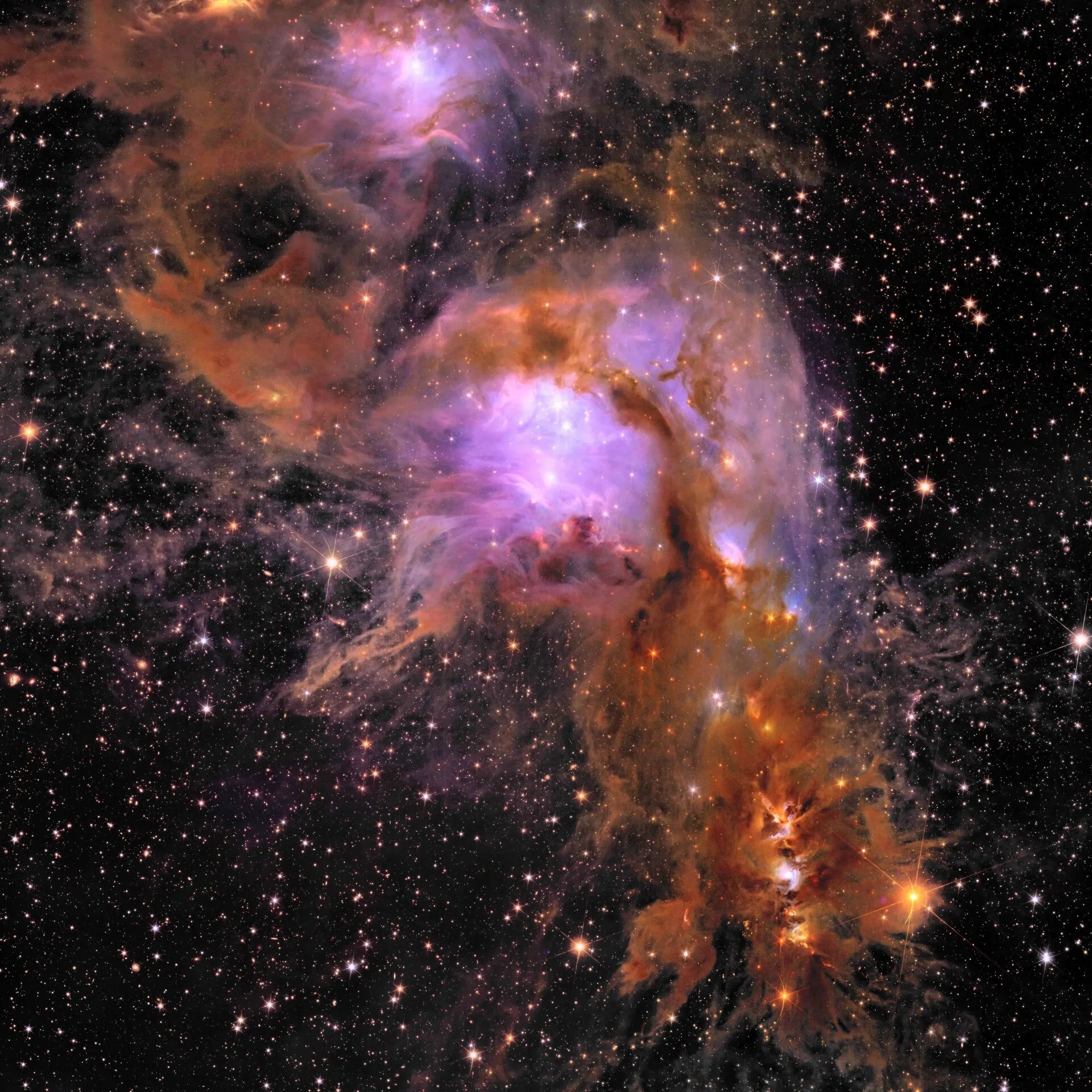 A vibrant cosmic scene showing the star-forming region Messier 78, also known as M78. The image features a stunning mix of colors, with glowing purples, oranges, and pinks among a backdrop of countless stars. Nebulous clouds of gas and dust create intricate and wispy structures, with areas of bright illumination indicating the presence of young, hot stars. The overall effect is a mesmerizing and dynamic view of space, showcasing the beauty and complexity of stellar nurseries.