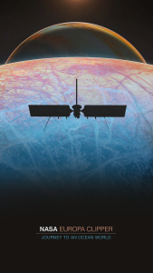 An illustration of Europa Clipper over Europa with Jupiter in the background.