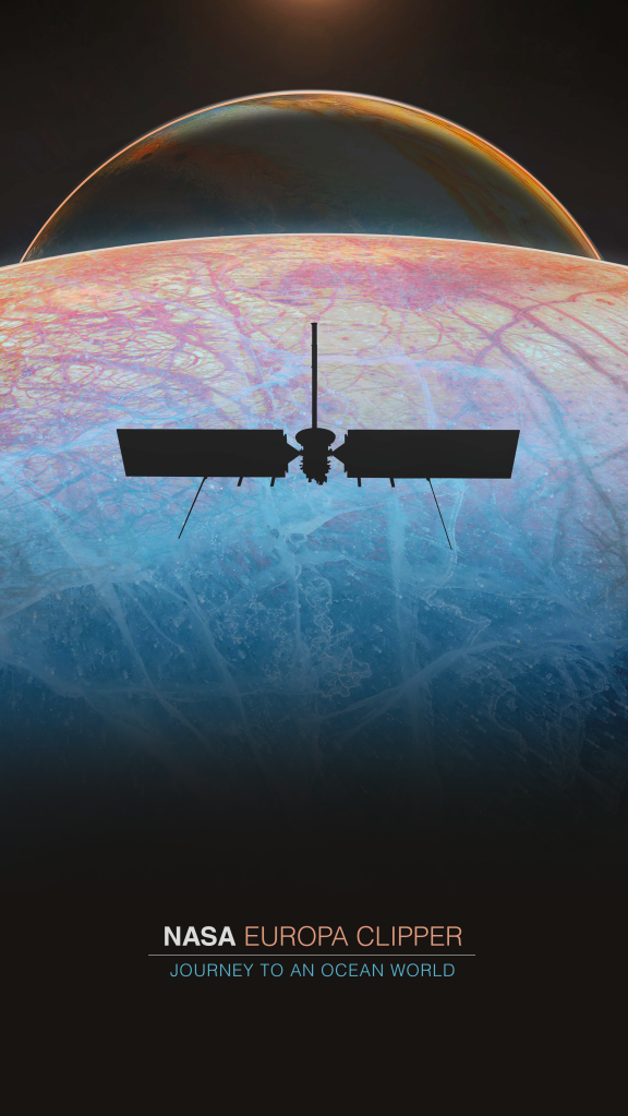 Alt text: An illustration of Europa Clipper over Europa with Jupiter in the background.