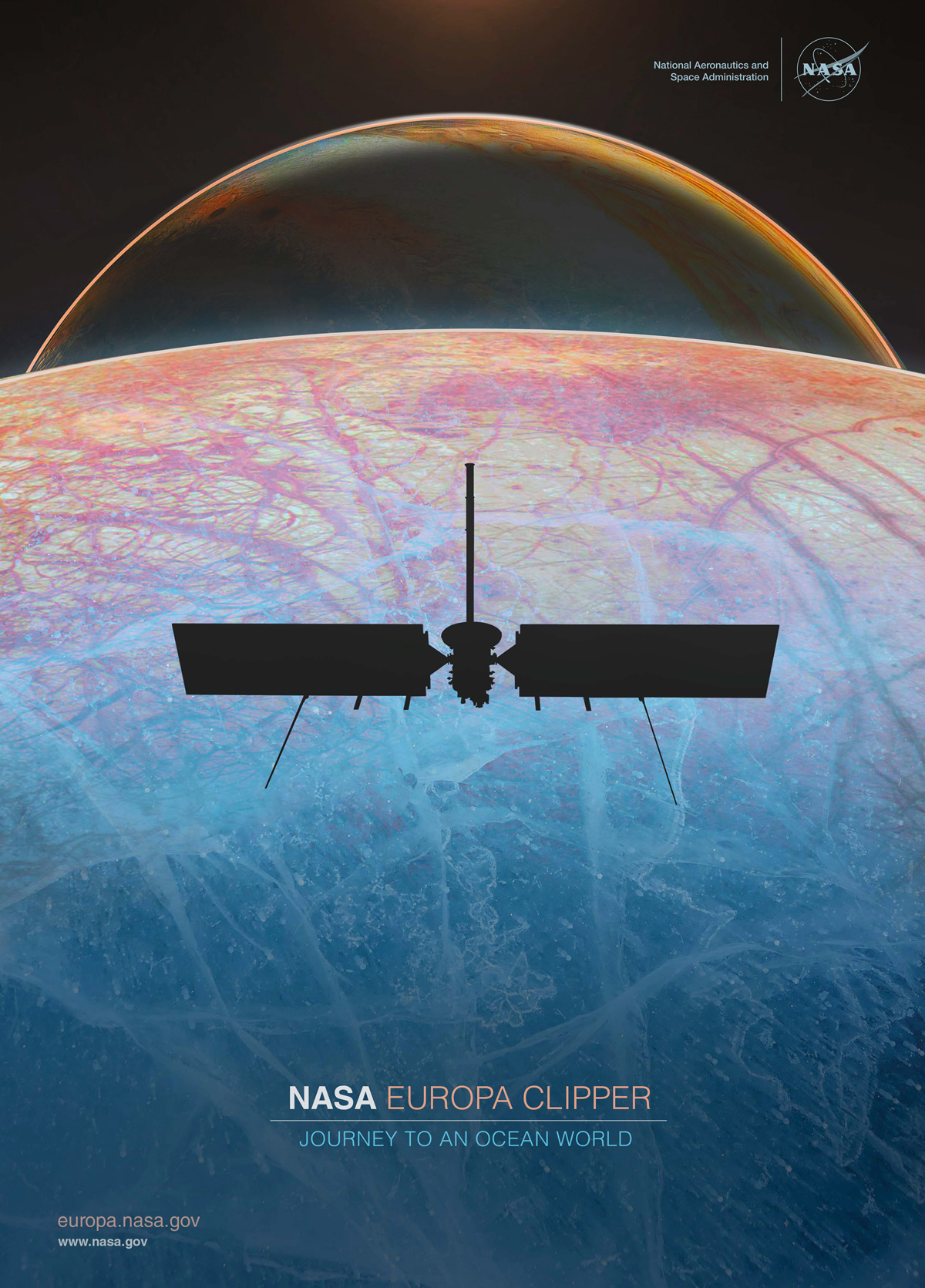 An illustration of Europa Clipper over Europa with Jupiter in the background.