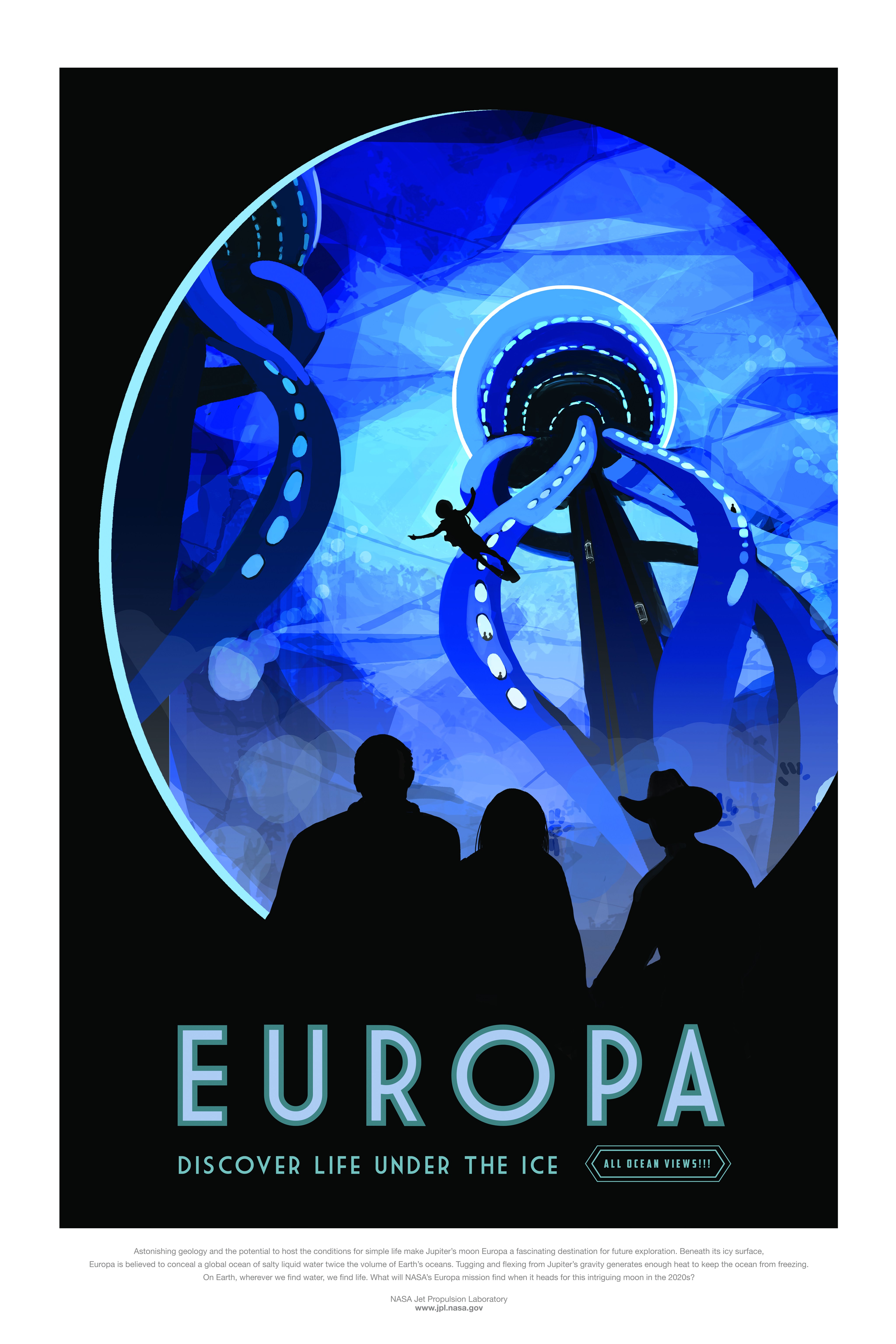 A fanciful blue, black, and white illustration of space tourists at Europa.