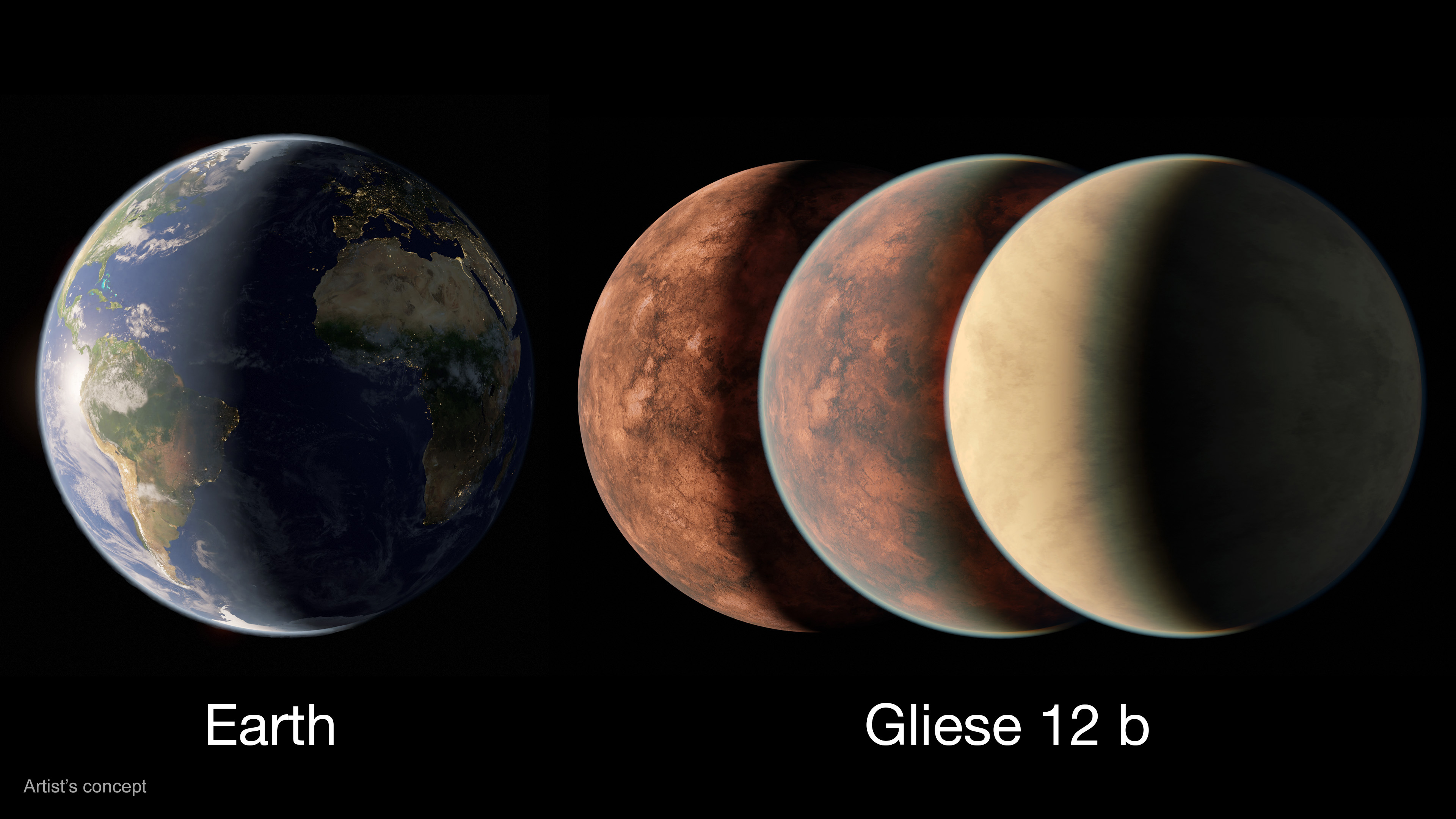 Illustration comparing Gliese 12 b models to Earth