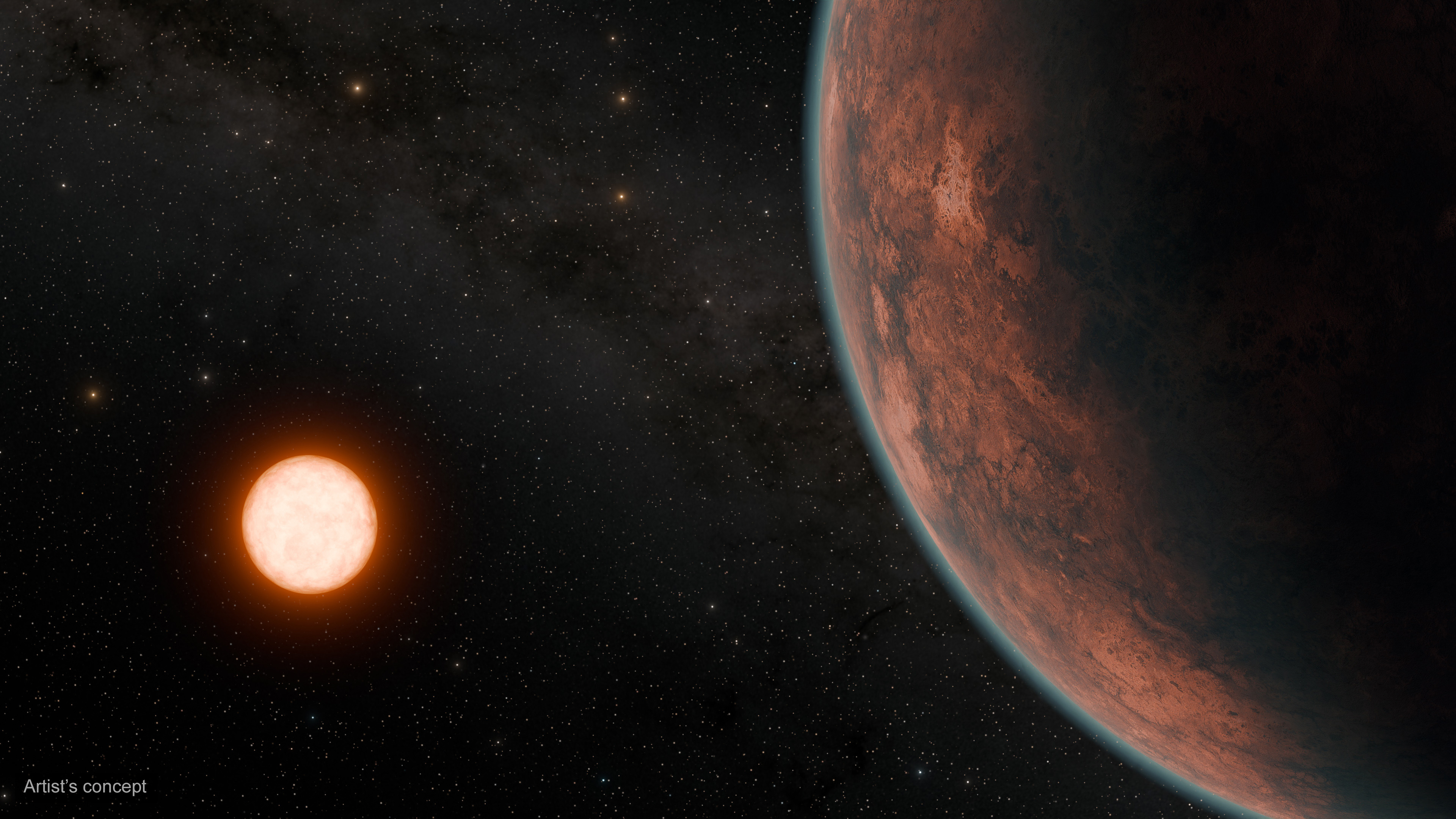 Space scene of a thin atmosphere version of Gliese 12 b