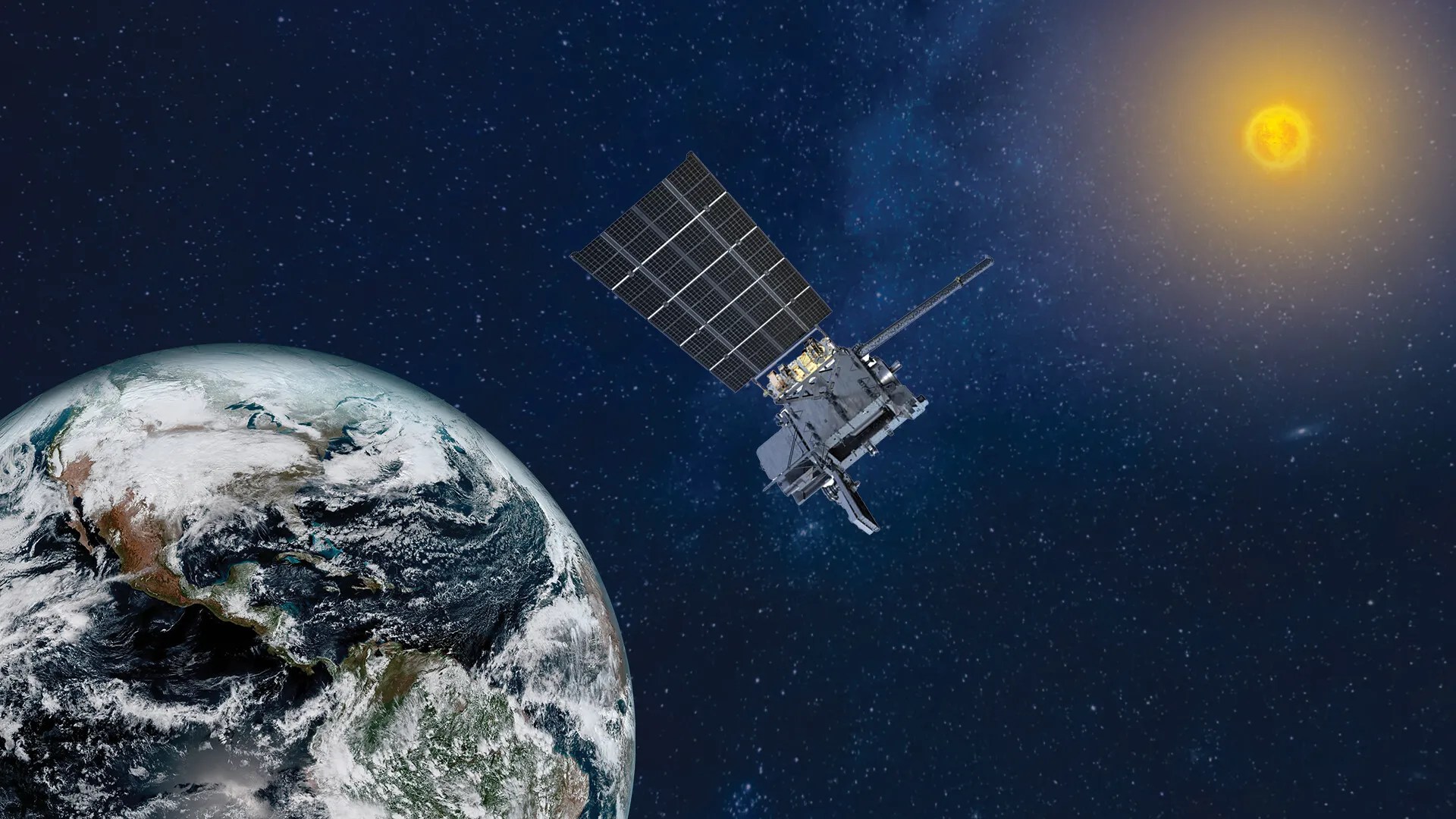 goes-u spacecraft 3d rendering in center of image visualized from the point of view of earth orbit with the earth to the left and the sun to the right.