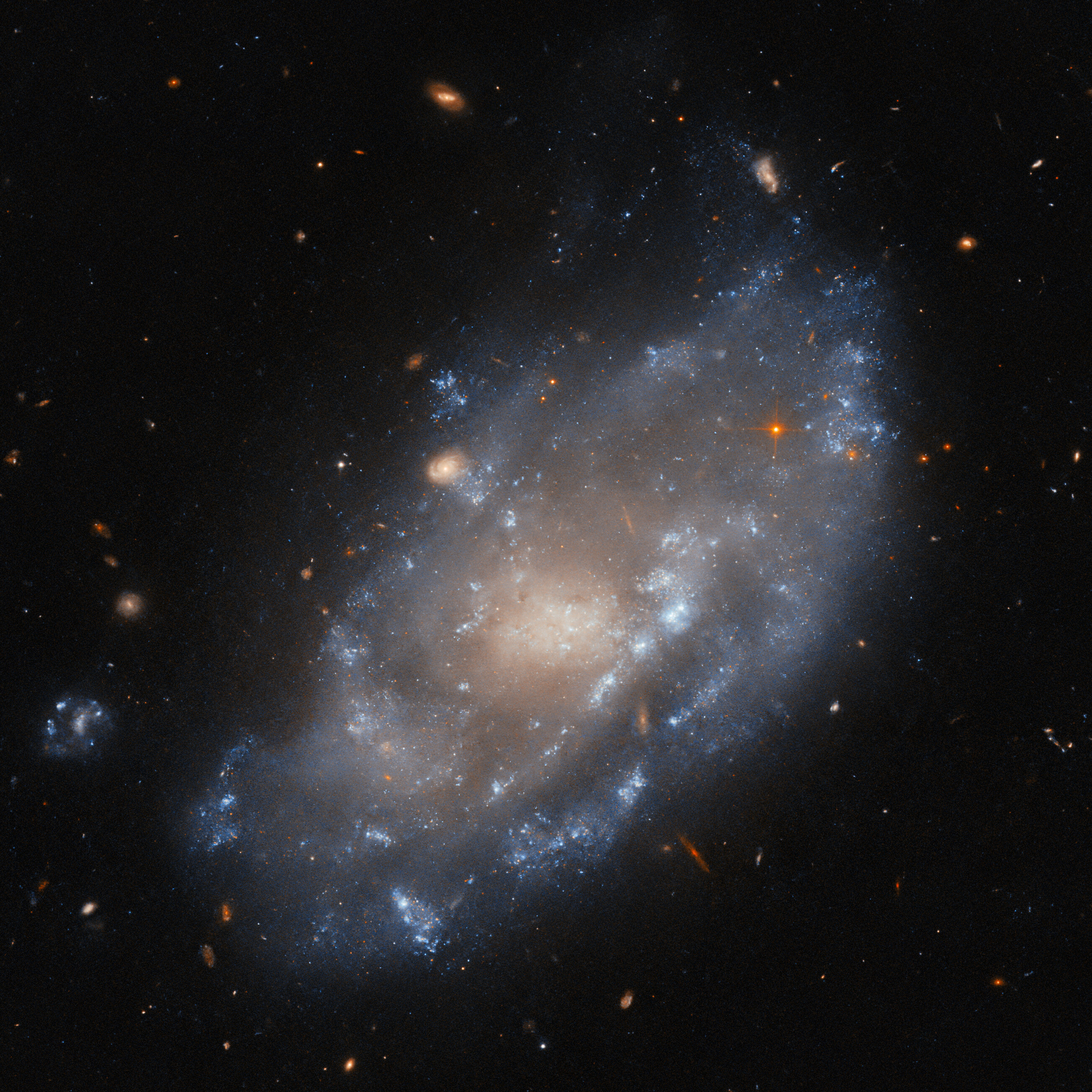 A spiral galaxy viewed tilted at a diagonal angle and toward the viewer. The core and the disk of the galaxy are different colors but are otherwise difficult to tell apart. The disc has wispy, ragged edges and many arcs of glowing, star-forming patches. A few distant galaxies are visible in the background around the spiral galaxy, as are several foreground stars.