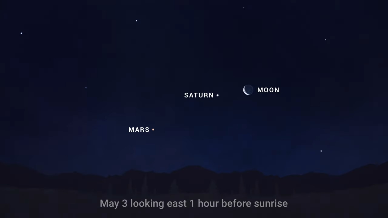 An illustrated sky chart shows the morning sky facing eastward, 1 hour before sunrise on May 31, 2024. The Moon is a crescent shape right of center, and Saturn appears as a small white dot just above it. Mars is also seen as a small white dot, low in the sky, below center.