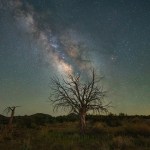 The Milky Way spreads across a twilight sky over a desert landscape.