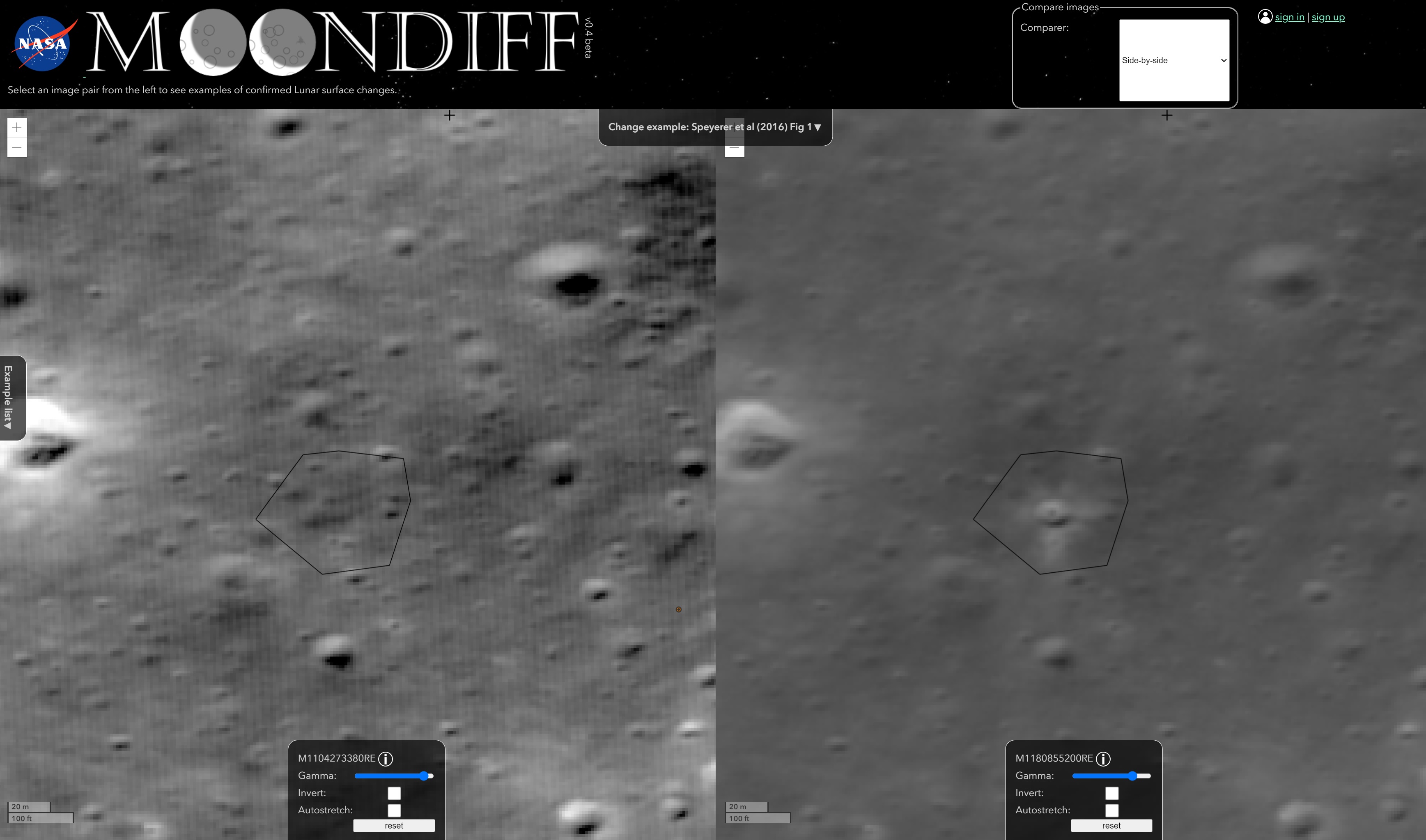 A comparison of two lunar surface images showing changes over time. The left image (M1104273380RE) displays a section of the Moon's surface with various craters and terrain features, while the right image (M1180555200RE) shows the same area at a different time, highlighting changes within the outlined hexagonal region. The images are presented side-by-side using NASA's MoonDiff tool, which allows for detailed examination of lunar surface changes. Each image has controls for adjusting gamma, inverting colors, and autostretching for better visibility of surface details.