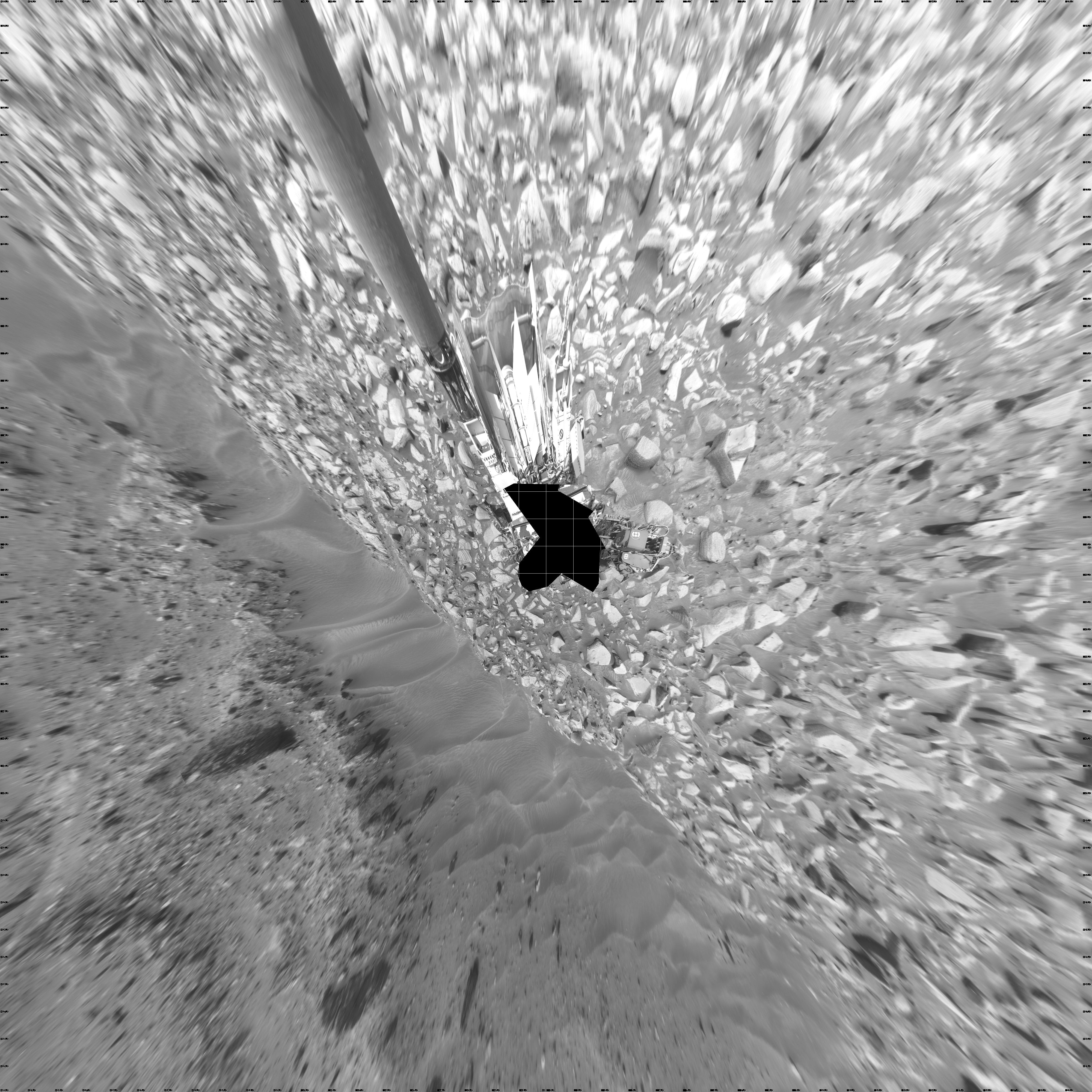 This projection provides an overhead view, but introduces distortion for items not on the surface, such as large rocks and the rover itself. Curiosity took the images on April 14, 2024, Sol 4155 of the Mars Science Laboratory mission at drive 2386, site number 106. The local mean solar time for the image exposures was 1 PM.