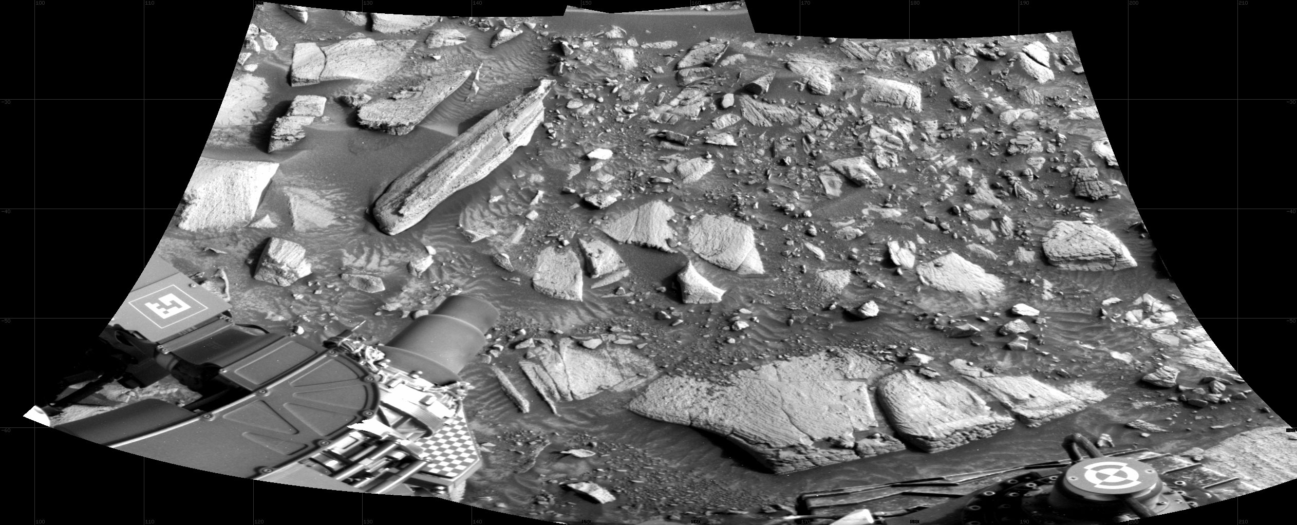 NASA's Mars rover Curiosity took 2 images in Gale Crater using its mast-mounted Right Navigation Camera (Navcam) to create this mosaic. 