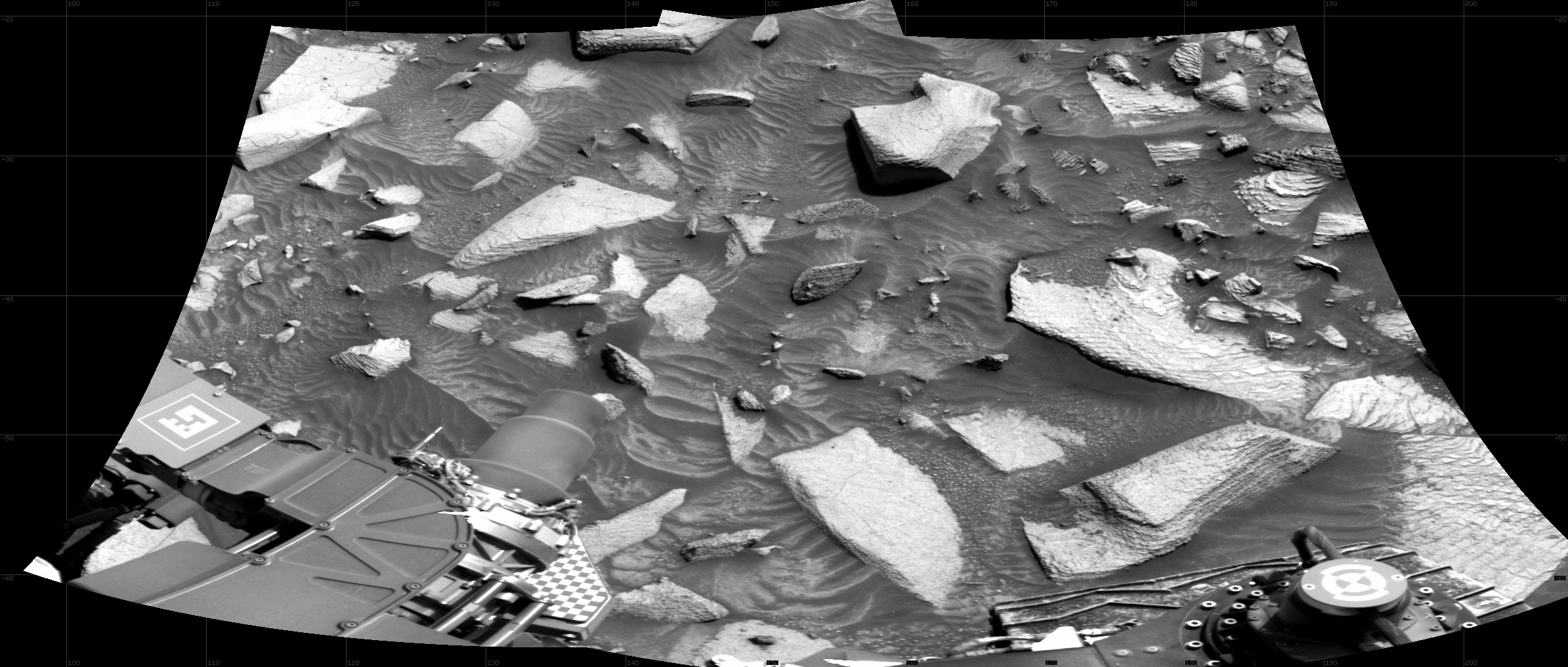 Curiosity took the images on April 14, 2024, Sol 4155 of the Mars Science Laboratory mission at drive 2386, site number 106. The local mean solar time for the image exposures was 1 PM.
