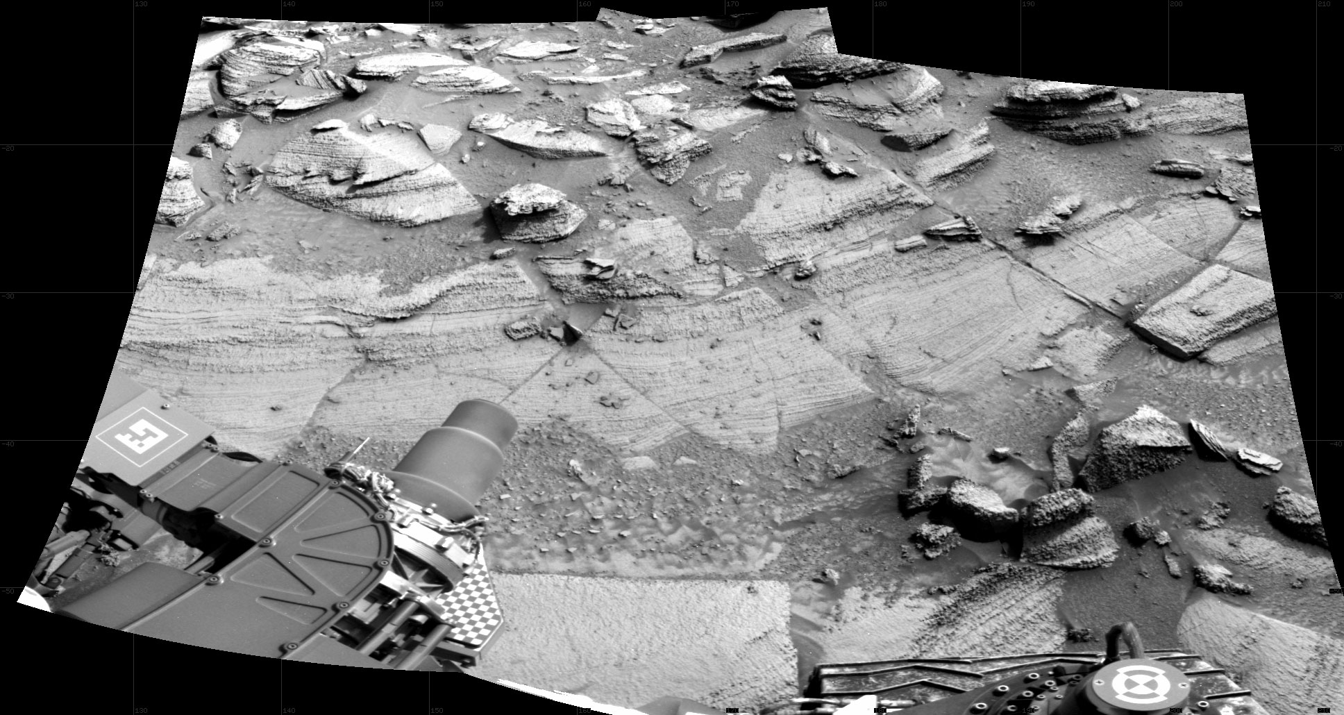 NASA's Mars rover Curiosity took 2 images in Gale Crater using its mast-mounted Right Navigation Camera (Navcam) to create this mosaic. The seam-corrected mosaic provides a 91-degree cylindrical projection panorama of the Martian surface centered at 166 degrees azimuth (measured clockwise from north).