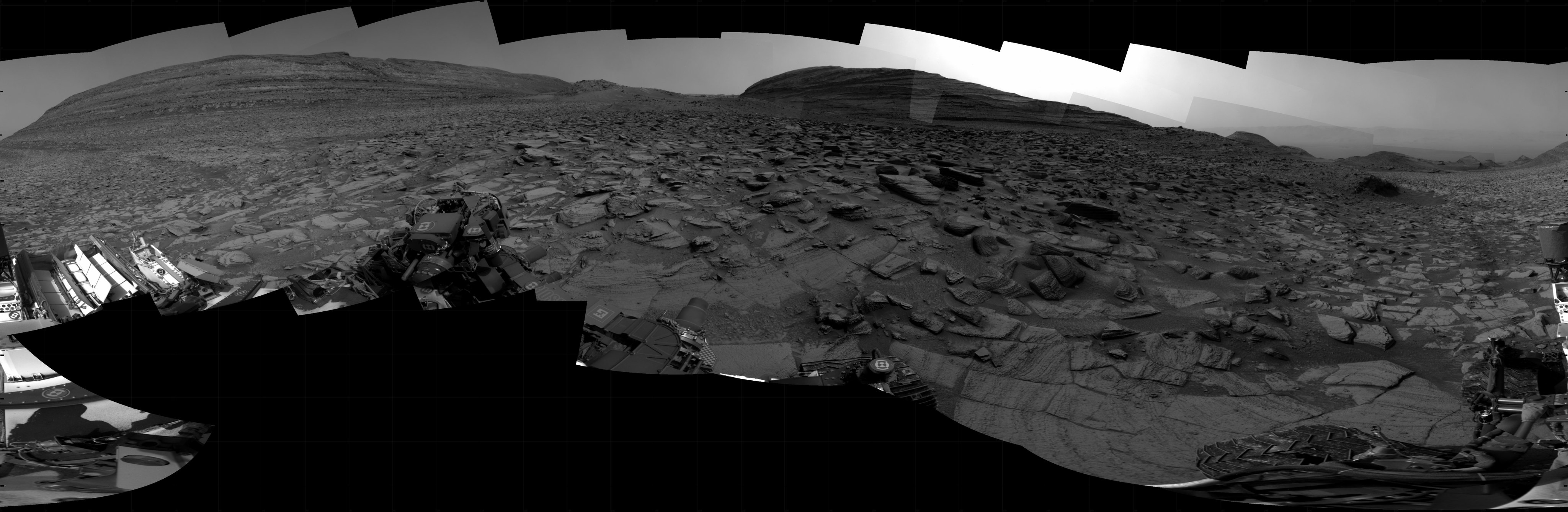NASA's Mars rover Curiosity took 31 images in Gale Crater using its mast-mounted Right Navigation Camera (Navcam) to create this mosaic. The seam-corrected mosaic provides a 360-degree cylindrical projection panorama of the Martian surface centered at 180 degrees azimuth (measured clockwise from north).