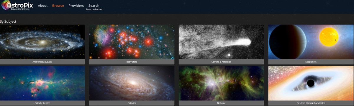 Screen capture of the AstroPix website homepage, showing the Browse tab with astronomy images grouped by type and links to image Providers and Image search within the website.