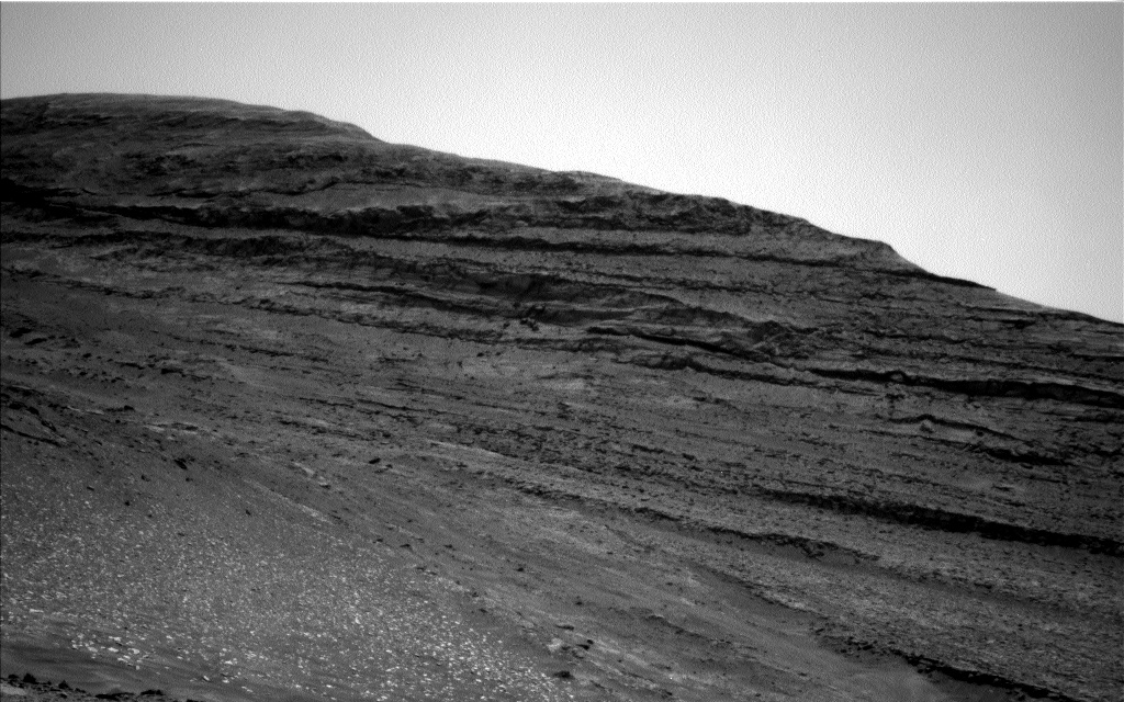 This black and white image was taken by Left Navigation Camera onboard NASA's Mars rover Curiosity on Sol 4183 with a photo of a hillside of Mars.