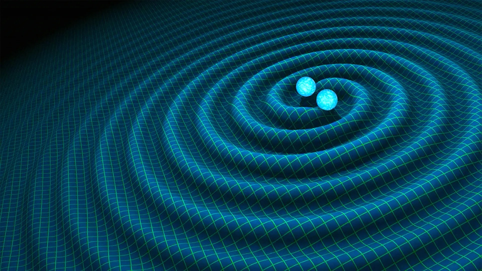 An artist's impression of gravitational waves generated by binary neutron stars. Near the upper right there are two aqua spheres and radiating out in a circular funnel pattern is an aqua blue wave with a faint grid pattern underneath it all.