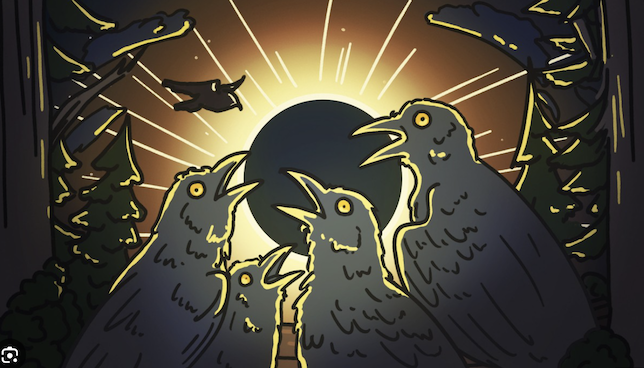 Cartoon illustration of three birds surrounded by trees in a woodland scene in front of a total solar eclipse.