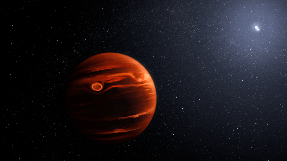 Artist illustration of an orange planet with swirling patterns (left) that orbits two distant bright stars (top right), set against a dark speckled background.