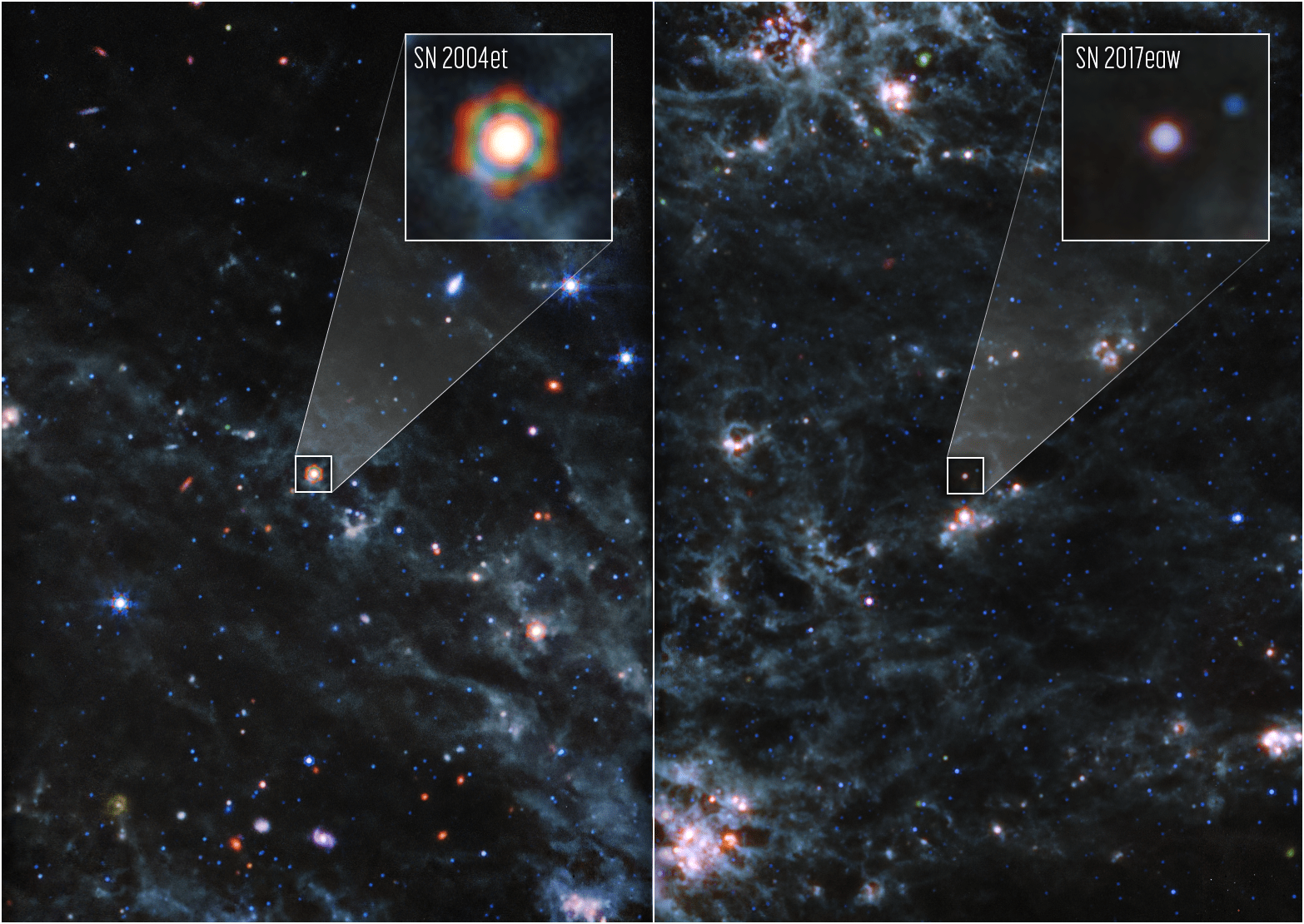 Side-by-side images of two supernovae in space. Callout boxes highlight the two supernovae in greater detail. The one on the left appears as a white dot with a hexagonal, rainbow halo. The second is a light purple dot.