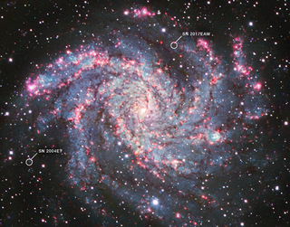 An image of a bright spiral galaxy, which looks like a spiraling swirl of red, pink, white, and pale blue clouds and dots around a white glowing center. Two small white circles highlight supernovae.