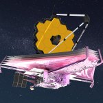 In this illustration, the multilayered sunshield on NASA’s James Webb Space Telescope stretches out beneath the observatory’s honeycomb mirror