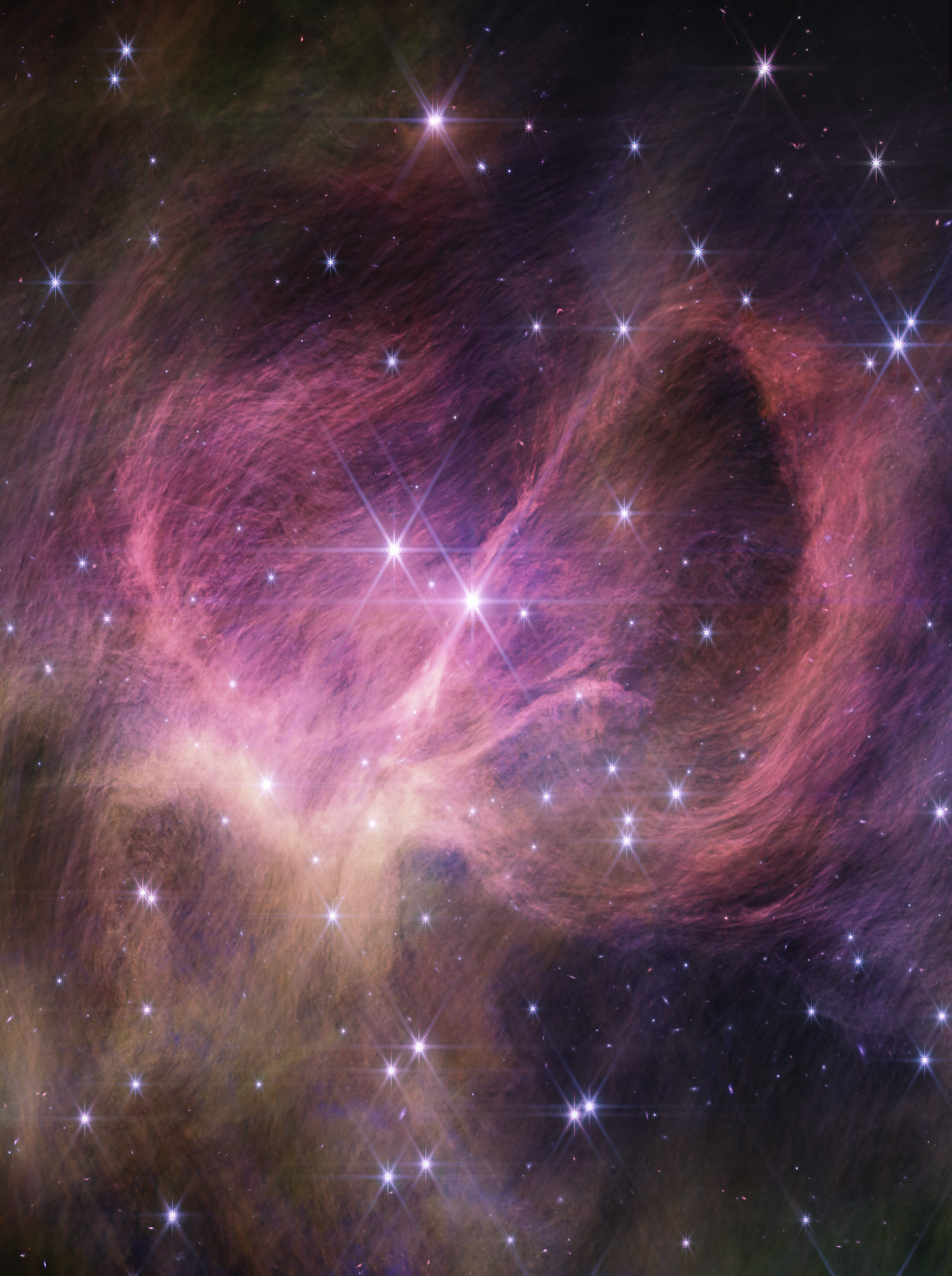 Image showing wispy pink-purple filaments and a scattering of stars.