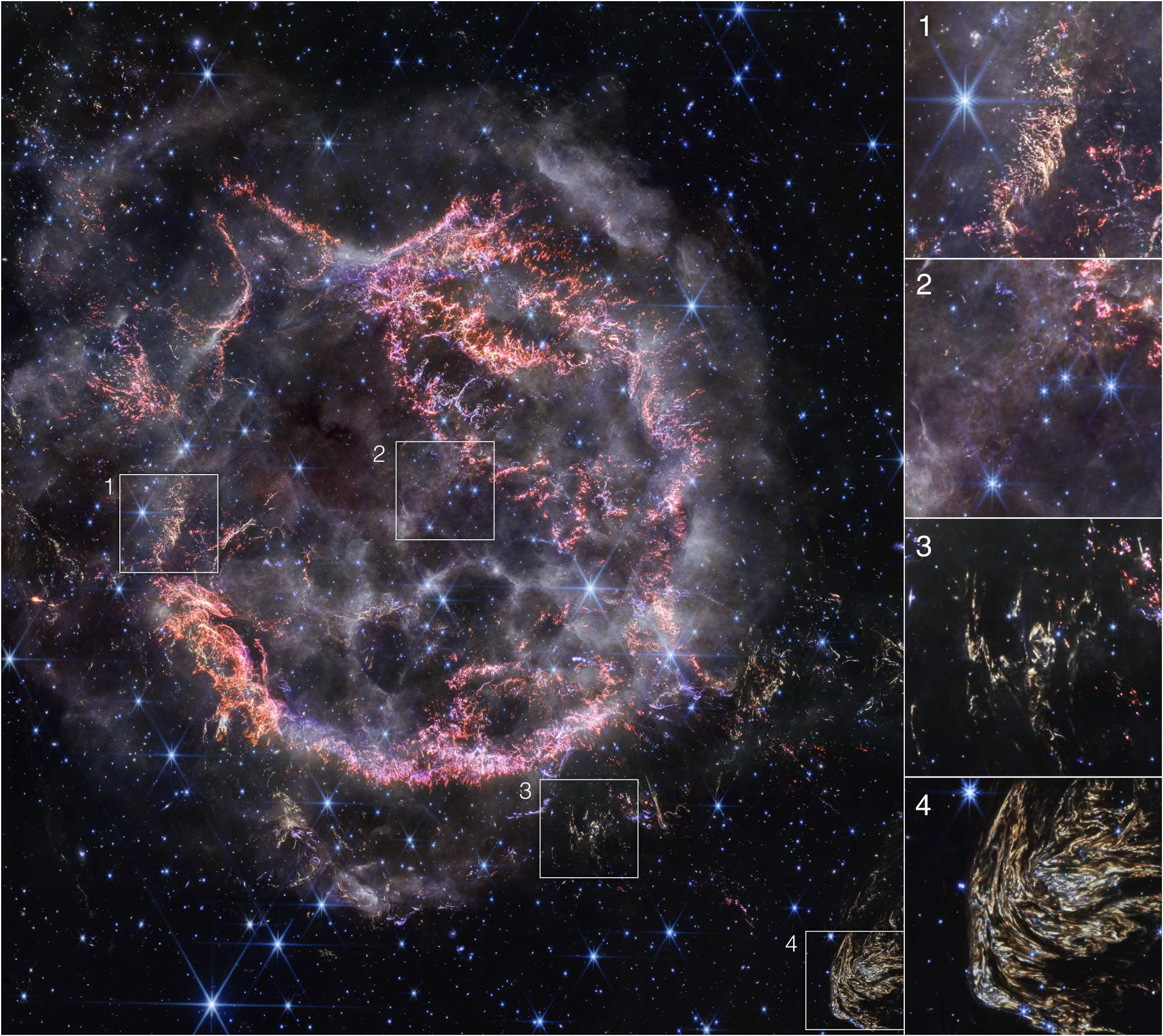 The image is split into 5 boxes. A large image at the left-hand side takes up most of the image. There are four images along the right-hand side in a column, labeled 1, 2, 3, and 4. The 4 images in the column are zoomed-in areas of the larger square image on the left. The image on the left has a circular-shaped cloud of gas and dust with complex structure, with an inner shell of bright pink and orange filaments that look like tiny pieces of shattered glass. A zoom-in of this material appears in the box labeled 1. Around the exterior of the inner shell in the main image there are wispy curtains of gas that look like campfire smoke. Within the cavity of the inner shell, there are small circular bubbles outlined in white. Box 2 is a zoom-in on these circles. Scattered outside the nebula in the main image, there are also clumps of yellow dust. Boxes 3 and 4 are zoomed-in areas of these clumps. Box 4 highlights a particularly large clump at the bottom right of the main image that is detailed and striated.