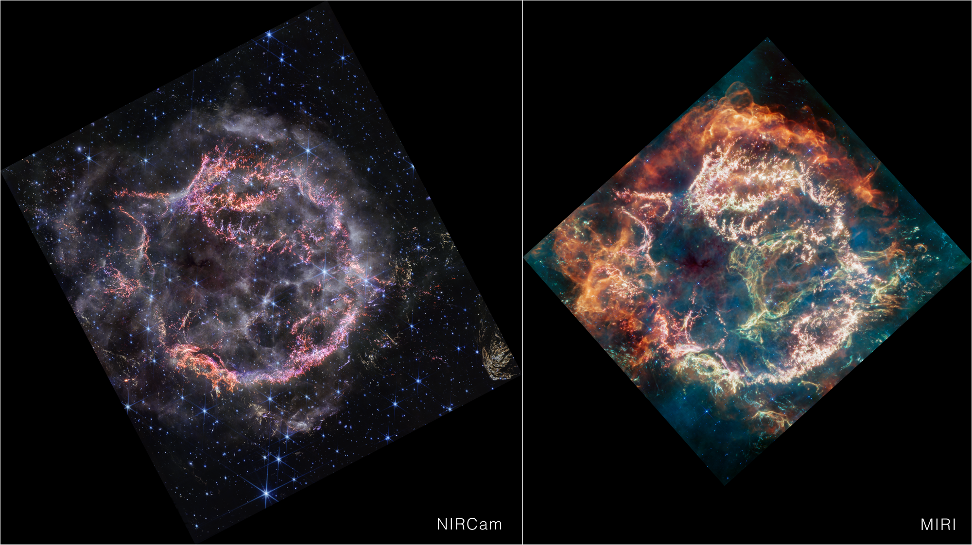 A comparison between two images, one on the left (labeled NIRCam), and on the right (labeled MIRI), separated by a white line. Both are a square image rotated clockwise about 45 degrees, with solid black in the top left, top right, bottom left, and bottom right corners. On the left, the image is a circular-shaped cloud of gas and dust with complex structure. The inner shell is made of bright pink and orange filaments that look like tiny pieces of shattered glass. Around the exterior of the inner shell are curtains of wispy gas that look like campfire smoke. The white smoke-like material also fills the cavity of the inner shell, with structures shaped like large bubbles. Outside the nebula, there are also clumps of yellow dust. On the right, is the same nebula in different light. The curtains of material outside the inner shell glow orange instead of white. The inner shell looks more mottled, and is a muted pink. At center right, a greenish loop extends from the right side of the ring into the central cavity.