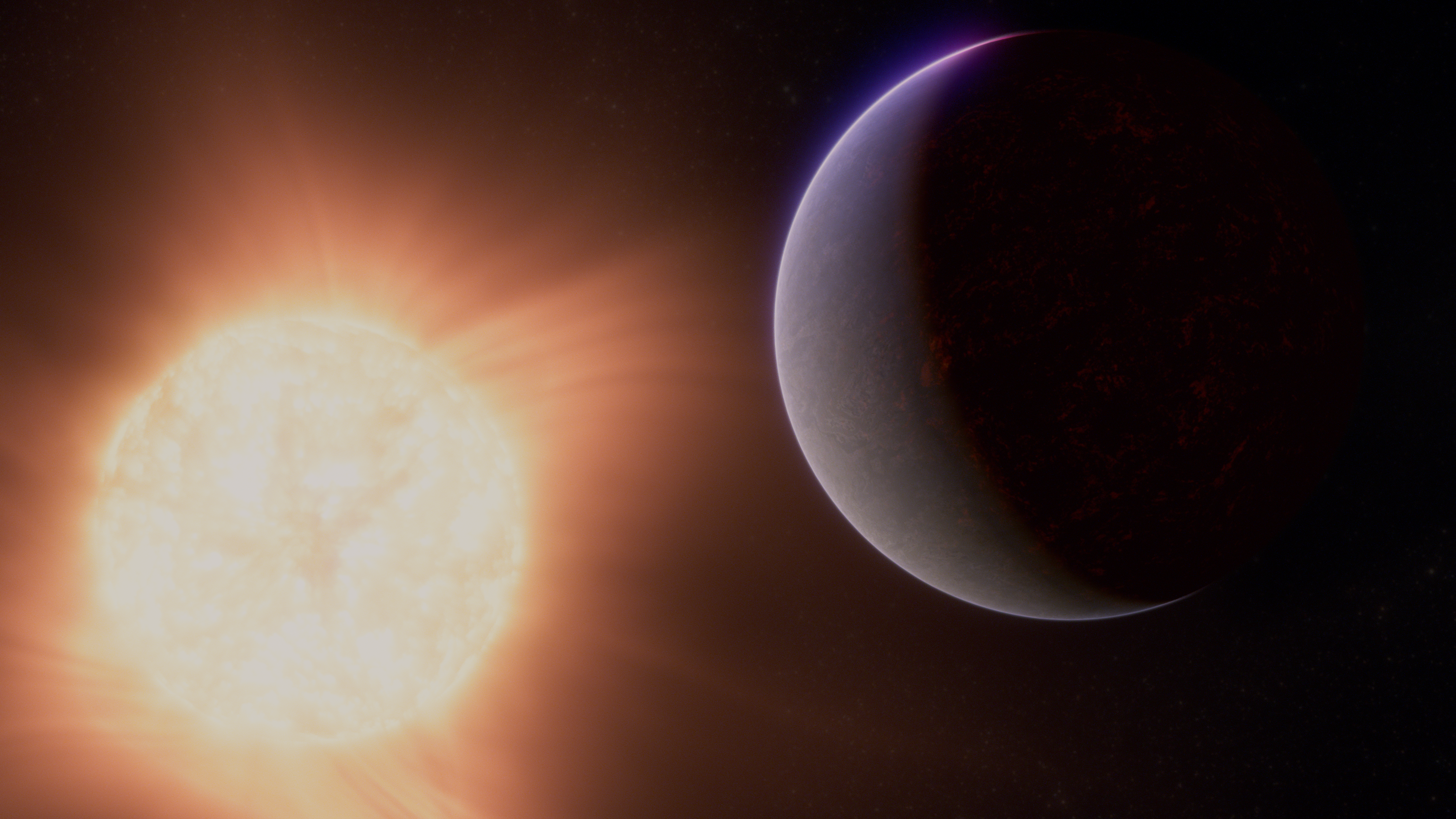 Illustration of a rocky exoplanet and its star. The star is in the background at the lower left and appears somewhat, but not significantly, smaller in the sky than the planet. It has a bright orange-red glow, and appears to have an active surface. The planet is in the foreground to the upper right of the star. The left quarter of the planet (the side facing the star) is lit, while the rest is in shadow. The planet has hints of a rocky, partly molten surface beneath the haze of a thin atmosphere. The boundary between the day and night sides of the planet is fuzzy.
