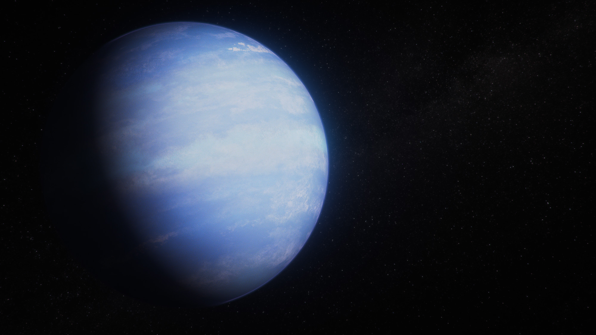 Illustration of an exoplanet with a hazy blue atmosphere and loose bands of clouds on the black background of space. The right three-quarters of the planet is lit by a star not shown in the illustration. The left quarter is in shadow. The terminator, the boundary between the day and night sides is gradual, not sharp. The planet is light blue with loose bands of white clouds. The limb of the planet (the edge) has a subtle blue glow.