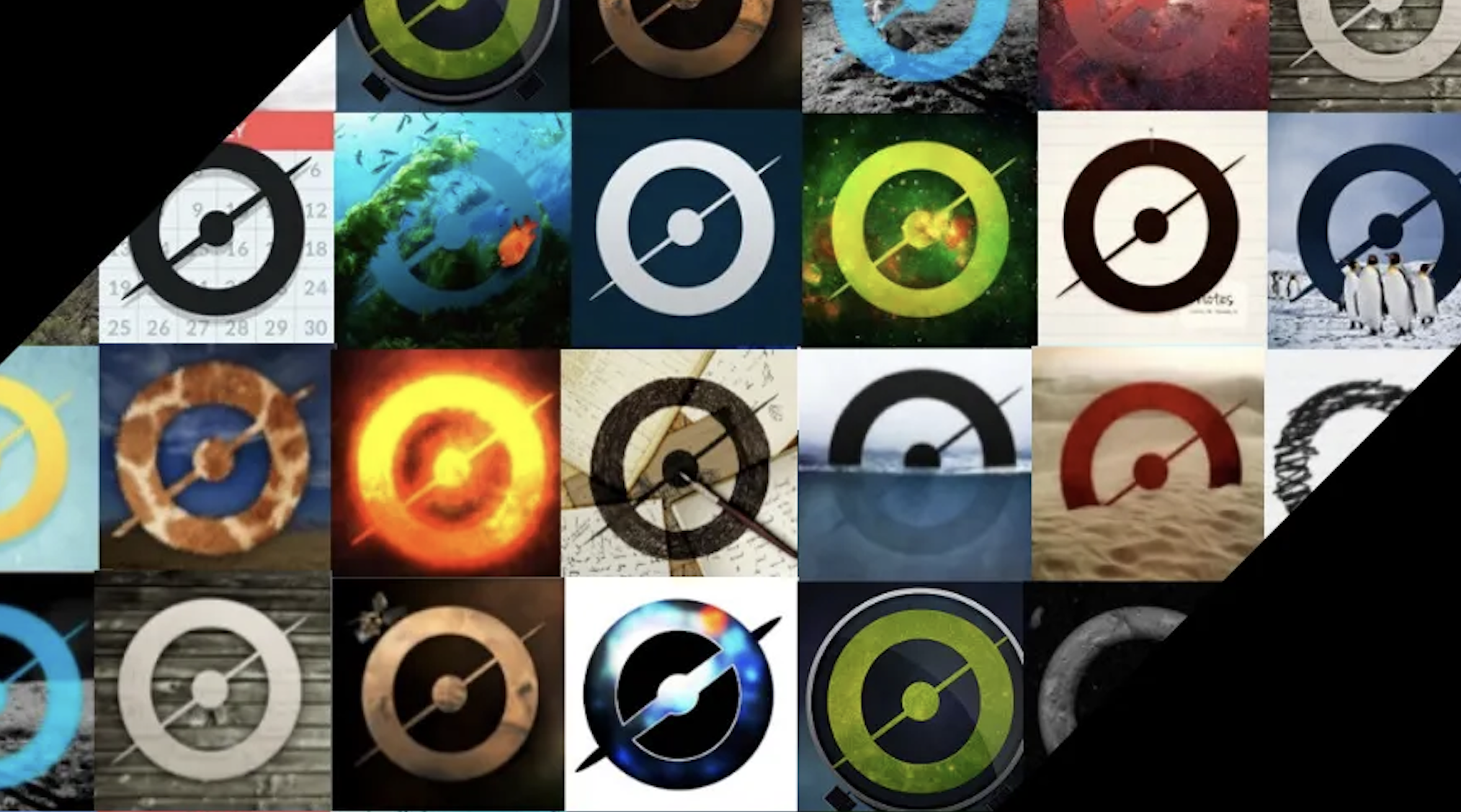 A tiled collection of logos for Zooniverse projects. Each logo consists of a square containing two concentric circles formed of thick lines plus a diagonal slash. The colors, textures, backgrounds (and sometimes foregrounds) of each logo are customized for each project. For example, a project about penguins features photographs of penguins in its logo.