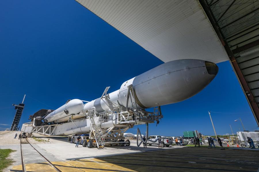 A SpaceX Falcon Heavy rocket carrying the National Oceanic and Atmospheric Administration (NOAA) GOES-U (Geostationary Operational Environmental Satellite U) moves from the hangar to the launch pad at Space Launch Complex 39A at NASAâs Kennedy Space Center in Florida on Monday, June 24, 2024.