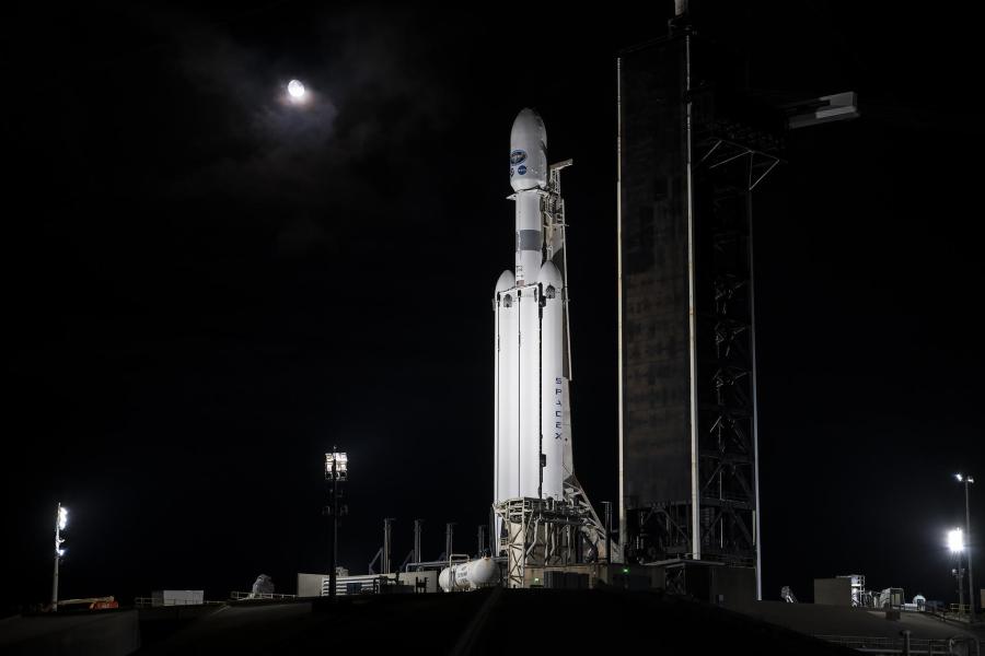 A SpaceX Falcon Heavy rocket carrying the National Oceanic and Atmospheric Administration (NOAA) GOES-U (Geostationary Operational Environmental Satellite U) stands vertical at Launch Complex 39A at NASAâs Kennedy Space Center in Florida on Monday, June 24, 2024.