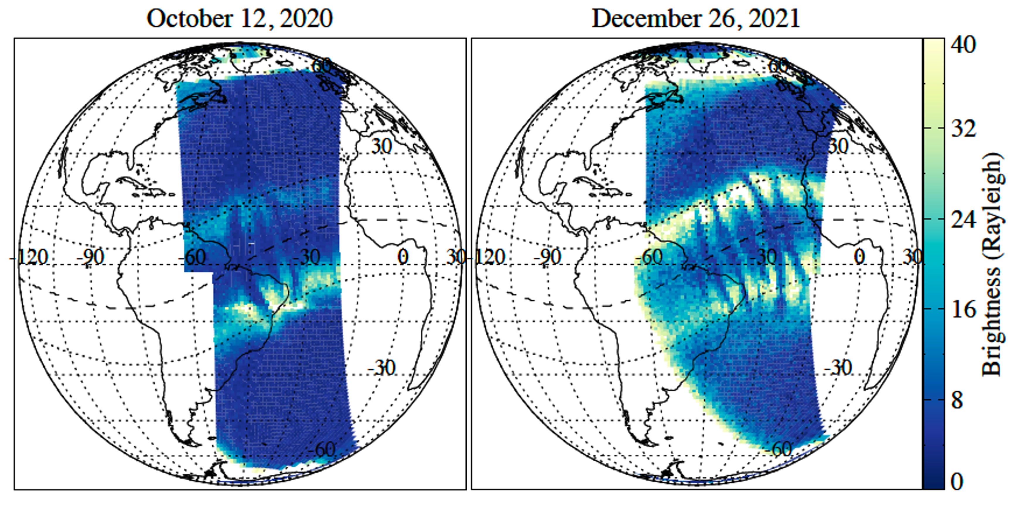 Two side-by-side illustrations of Earth’s Western Hemisphere, for October 12, 2020, on the left and December 26, 2021, on the right, are overlaid with blue-colored images showing two bright bands north and south of Earth’s magnetic equator (marked by a dashed line) and dark, curved, perpendicular bands extending between the bright bands.