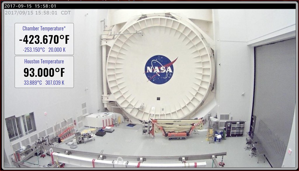 Webb during cryogenic testing at JSC with approximated chamber temperature indicated at -423.670 degrees F or 20 degrees Kelvin