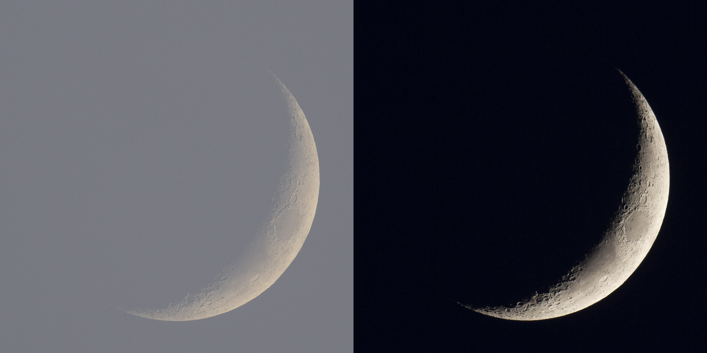Two detailed telescope images of the crescent moon showing details like craters, one faint in a gray sky (left) and one a little more distinct in a black sky (right).